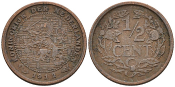 Нидерланды 1/2 цента 1912 Вильгельмина (1890-1948) KM 138 бронза 4576-346
