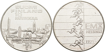 Финляндия 10 марок 1971 S-H, X Чемпионат Европы по легкой атлетике KM 52 серебро 4558-335