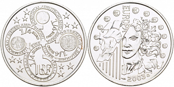 Франция 1/4 евро 2003 первая годовщина евровалюты KM 1991 серебро UNC 1084-7-11