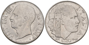 ИТАЛИЯ 20 ЧЕНТЕЗИМО 1942 R, ГОД XX, ВИКТОР ЭММАНУИЛ III (1900-1946), МАГНИТНАЯ, ГУРТ РИФЛЁНЫЙ KM 75b, VEM3. 1029 нержавеющая сталь 3853-442