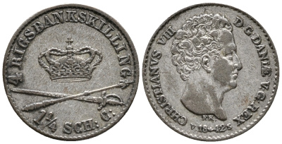 Дания 4 скиллинг 1842 VS, Кристиан VIII (1839-1848), SKILLING RIGSMONT KM 721.2 (С123.2) серебро 100-752