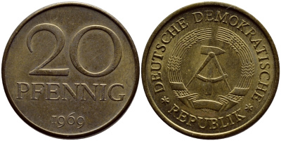 ГДР 20 пфеннигов 1969 А, первый год KM 11 латунь UNC 4395-1152