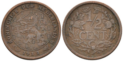 Нидерланды 1/2 цента 1912 Вильгельмина (1890-1948) KM 138 бронза 4576-346