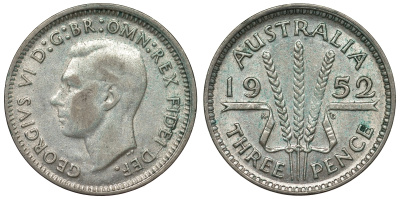 Австралия 3 пенса 1952 m, Георг VI (1937-1952), без букв KM 44 серебро 71-367