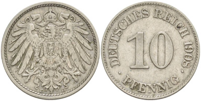 Германия 10 пфеннигов 1908 E KM 12, Jager 13, Weege 8 медно-никель 219-142