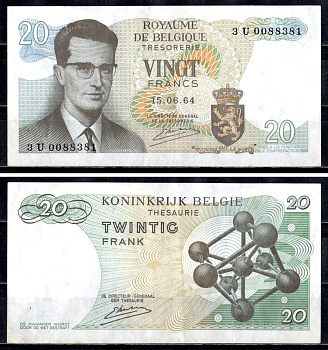 Бельгия 20 франков 1964 Pick 138 (3) бумага 6312-31-1-2