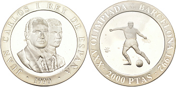 Испания 2000 песет 1990 XXV летние Олимпийские игры 1992 года в Барселоне, футбол KM 862 серебро PROOF 1072-8-14