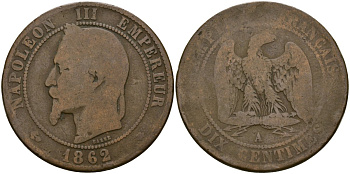 Франция 10 сантимов 1862 A- Париж, Наполеон III (1852 - 1870) KM 798 бронза 4168-646