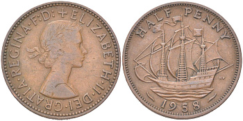 Великобритания 1/2 пенни 1958 Елизавета II (1952-2022) KM 896, Spink 4158 бронза 4128-147
