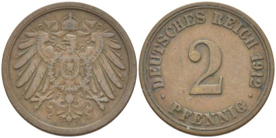 Германия 2 пфеннига 1912 A KM 16, J. 11, Weege 4 медь 212-412