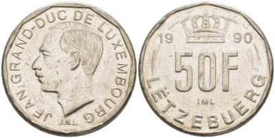 Люксембург 50 франков 1990 Герцог Жан (1964-1999) KM 66 никель 4402-251