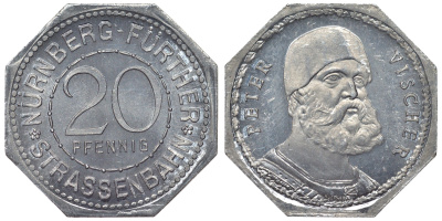 Германия, Нюрнберг - Фюрт 20 пфеннигов ND трамвайный жетон, Петер Фишер алюминий UNC 4119-657
