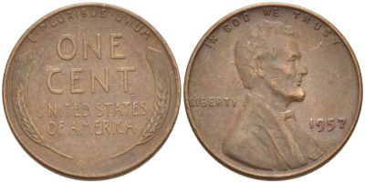 США 1 ЦЕНТ 1957 ЛИНКОЛЬН KM А132 медь цинк 3309-1164