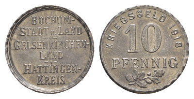 Бохум, Гельзенкирхен, Хаттинген 10 пфеннигов 1918 Funck 49.1, Men05 3022.1, Men18 3860.1 железо 4636-936