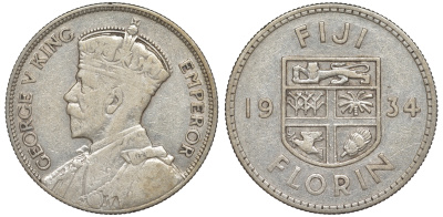 Фиджи 1 флорин 1934 Георг V (1910-1936), герб Фиджи KM 5 серебро 91-1223
