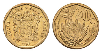 ЮАР 20 центов 1993 герб, цветок протея KM 136 сталь плакированная бронзой UNC 4694-825
