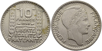 Франция 10 франков 1948 тип Пьер Турин KM 909.1, Le Franc 362.3 медно-никель 4389-1123