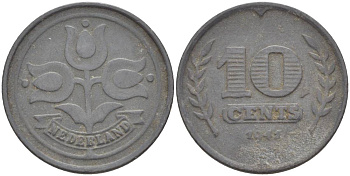 НИДЕРЛАНДЫ 10 ЦЕНТОВ 1941 ВИЛЬГЕЛЬМИНА I (1891-1948), ГЕРМАНСКАЯ ОККУПАЦИЯ, ВТОРАЯ МИРОВАЯ ВОЙНА KM 173 цинк 4548-833