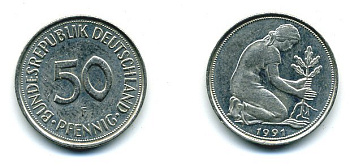 ФРГ 50 ПФЕННИГОВ 1991 F KM 109.2, J 384a медно-никель 25-1855