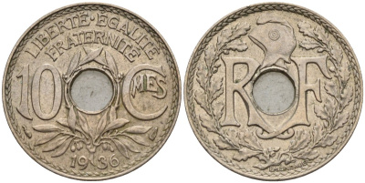 Франция 10 сантимов 1936 KM 866a, Le Franc 138.3 медно-никель 4143-1037