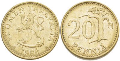 ФИНЛЯНДИЯ 20 ПЕННИ 1980 K KM 47 алюминиевая бронза 3718-642