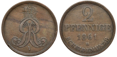 Брауншвейг-Каленберг-Ганновер 2 пфеннига 1861 B, Георг V (1851-1866) KM 234,aKS 153, J. 91 медь 4142-327
