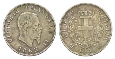 Италия 1 лира 1863 M-BN, Виктор Эммануил II (1861-1878) KM 5a серебро 272-222