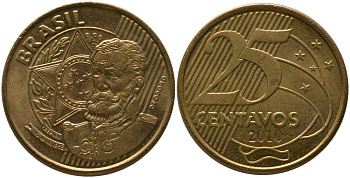 Бразилия 25 сентаво 2011 KM 650, Schon 158 сталь плакированная бронзой UNC 4525-536