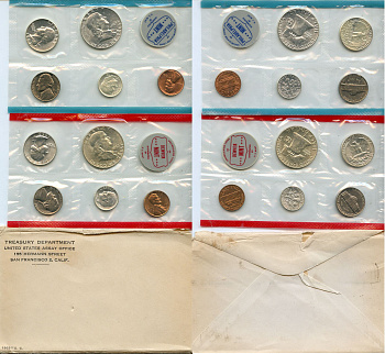 США официальные наборы из 10 монет и 2 жетона монетного двора 1963 D, P, Франклин KM MS 116 серебро  UNC  3-6-1-14