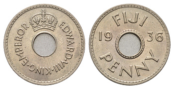 Фиджи 1 пенни 1936 Эдуард VIII, год-тип KM 6 медно-никель UNC 4127-1945