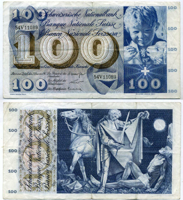 Швейцария 100 франков 1965 Brenno Galli - R. Motta - Kunz Pick 49 g (2) бумага 451-236-1