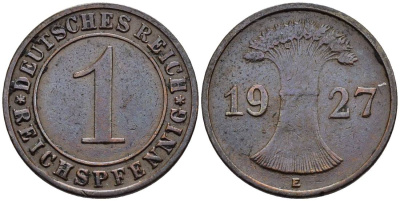 ГЕРМАНИЯ 1 РЕЙХСПФЕННИГ 1927 E KM 37, J. 313, Weege 2 бронза 4547-123