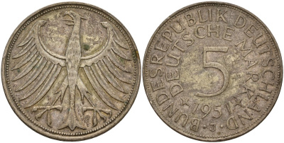 ФРГ 5 марок 1951 J (Гамбург), J. 387, KM 112.1 серебро 4157-1041