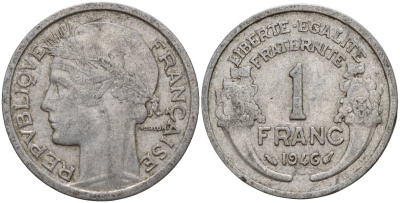 Франция 1 франк 1946 KM 885a алюминий 4156-714