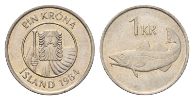 Исландия 1 крона 1984 треска KM 27 медно-никель 4687-829