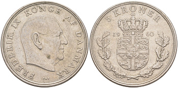 Дания 5 крон 1960 C; S, Фредерик IX (1947-1972) KM 853.1 медно-никель 4512-945