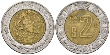 Мексика 2 песо 2002 M KM 604 биметалл 4591-226