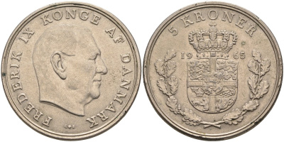 Дания 5 крон 1965 C;S, Фредерик IX (1947-1972) KM 851.1 медно-никель 4578-233
