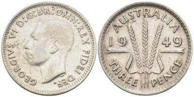 Австралия 3 пенса 1949 KG, Георг VI (1937-1952) KM 44 серебро 4585-258