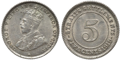 Стрейтс-Сетлментс 5 центов 1919 Георг V (1910-1936) KM 31 серебро 54-414