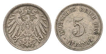 Германия 5 пфеннигов 1906 A KM 11, J. 12 медно-никель 4696-637