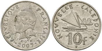Французская Новая Каледония 10 франков 2009 рыбачья парусная лодка, (IEOM) KM 11a, Schoen 13a, Lec 99k медно-никель 60-1332