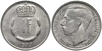 ЛЮКСЕМБУРГ 1 ФРАНК 1977 ВЕЛИКИЙ ГЕРЦОГ ЖАН (1964-2000) KM 55 медно-никель 113-536