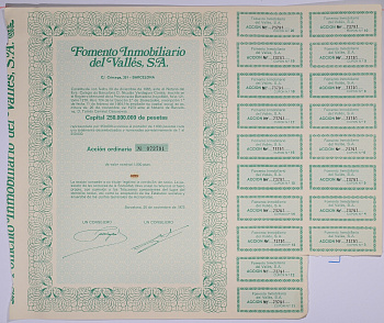 Испания акция на 1000 песет 1973 Fomento Inmobiliario del Valles, S.A., Барселона 1973, с купонами   бумага   5548-37-1-2