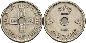 Норвегия 50 эре 1947 Хокон VII (1905-1957) KM 386 медно-никель 67-552