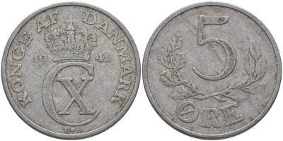 ДАНИЯ 5 ЭРЕ 1941 N ; S, КРИСТИАН X (1912-1947) KM 834 алюминий 97-1141