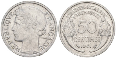 ФРАНЦИЯ 50 САНТИМОВ 1941 ТИП MORLON LOURDE KM 894.1a, LE FRANC 193.2 алюминий 44-214