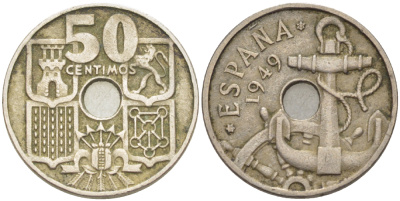 ИСПАНИЯ 50 СЕНТИМО 1949 (52) ФРАНСИСКО ФРАНКО ДИКТАТОР ИСПАНИИ ( 1939- 1975) , МОРСКАЯ АТРИБУТИКА KM 777 медно-никель 216-524