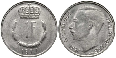 ЛЮКСЕМБУРГ 1 ФРАНК 1977 ВЕЛИКИЙ ГЕРЦОГ ЖАН (1964-2000) KM 55 медно-никель 113-536
