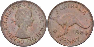 АВСТРАЛИЯ 1 ПЕННИ 1964 m, ЕЛИЗАВЕТА II (1953-), КЕНГУРУ KM 56 бронза 109-525
